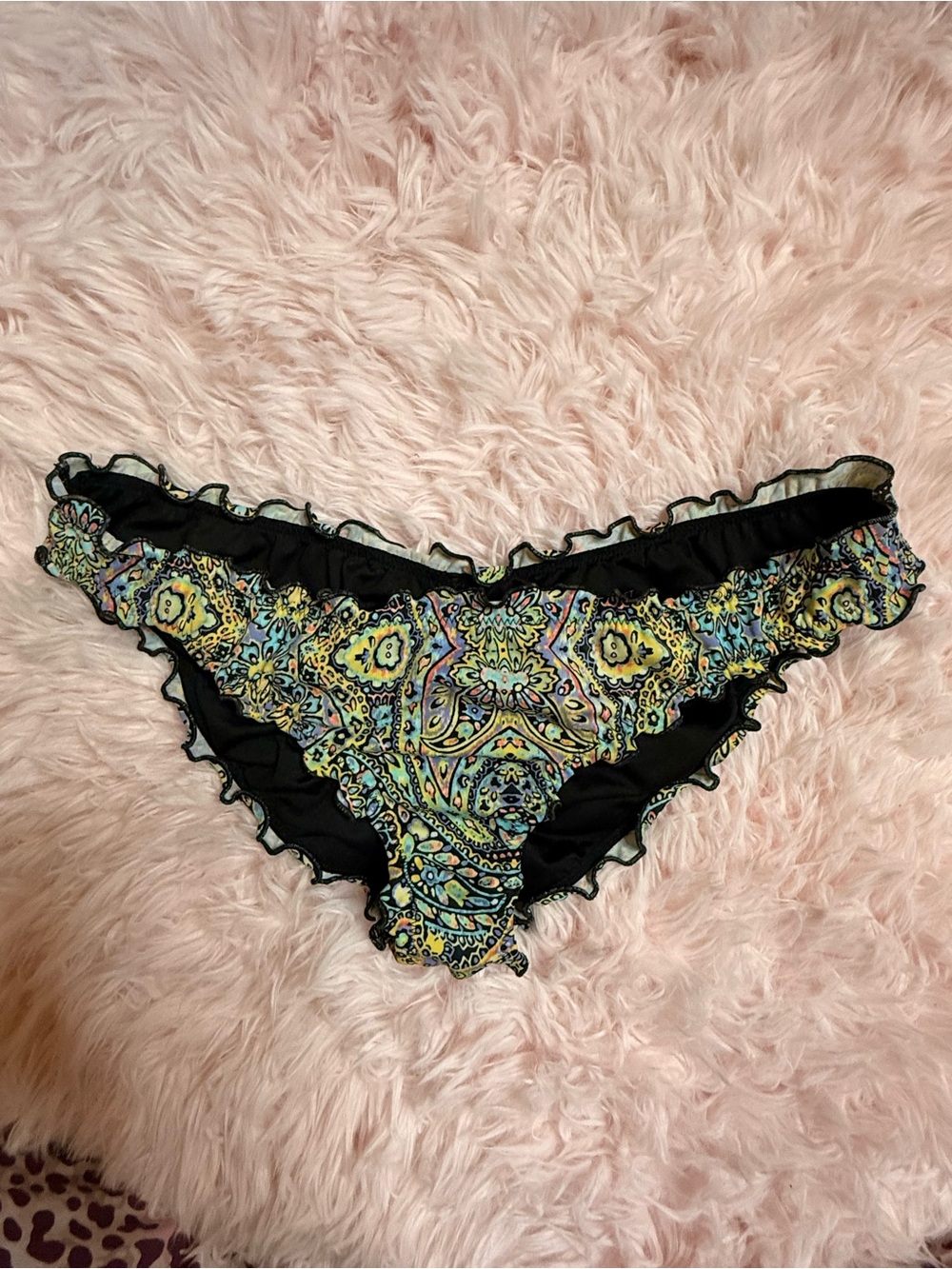 Victoria's Secret Black Ruffle Bikini Bottoms with Multicolor Paisley